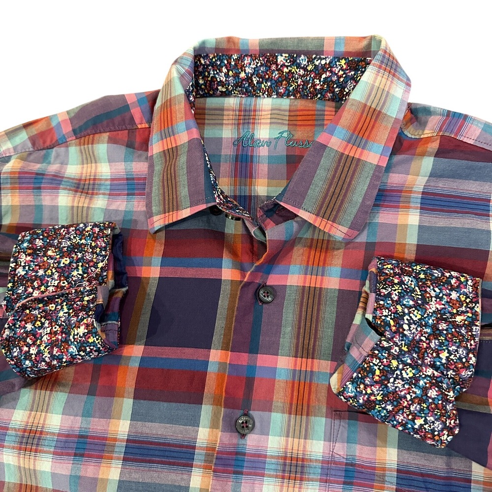 Alan Flusser Button Down Men L Purple Plaid Floral Trim Long Sleeve Cotton Shirt